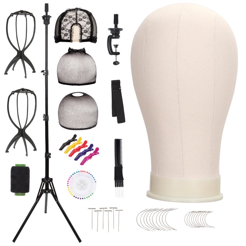 Demides 22'' Canvas Wig Head with 61'' Adjustable Tripod Stand, Mannequin Head Set for Styling, Display â€“ Includes Caps, Elastic Bands, Stand & Tool Kit for Beginners and Professionals - Image 1