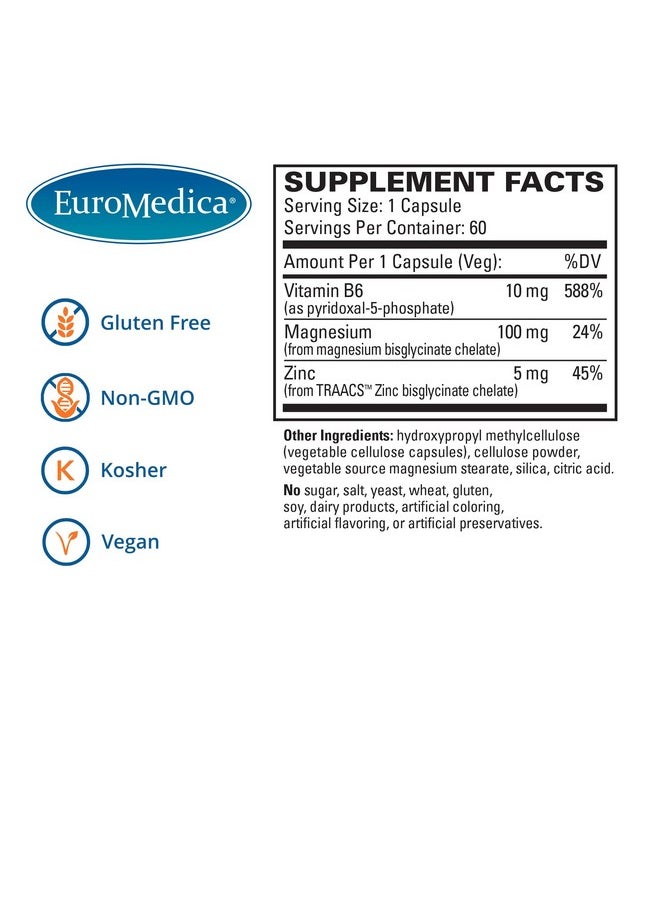 Euromedica - Magnesium + P5P 60 Capsules Bioactive Vitamin B6 With Magnesium & Zinc Heart Health Energy Metabolism Mood Nongmo Vegan Kosher 60 Servings - Image 1