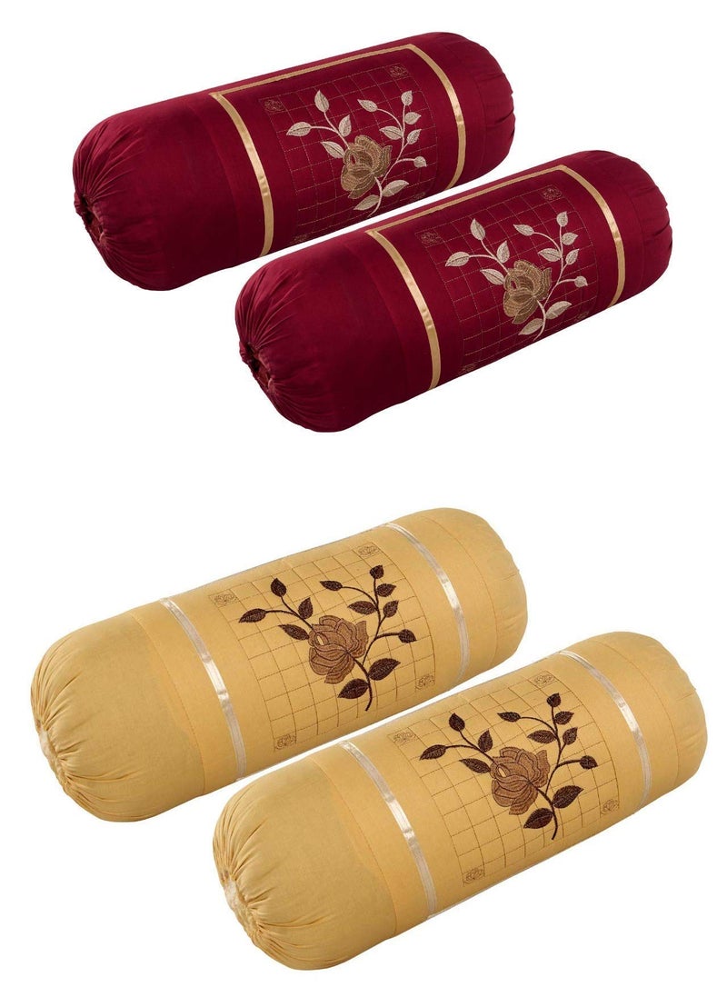 HSR Collection Premium Cotton Embroidery Bolster Cover Set of 4, Maroon & Beige - Image 1