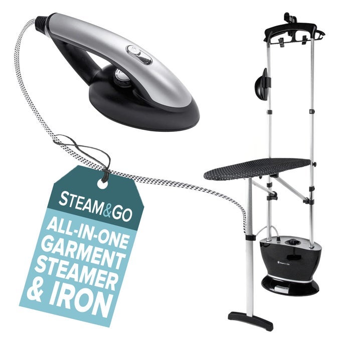 STEAM GO ALLINONE GARMENT STEAMER AND IRON PRESSURIZED STEAMER FOR CLOTHES WITH IRONING BOARD AND CLOTHING HANGER STEAM IRON FABRIC STEAMER FOR WRINKLES AND CREASES CHEMICALFREE