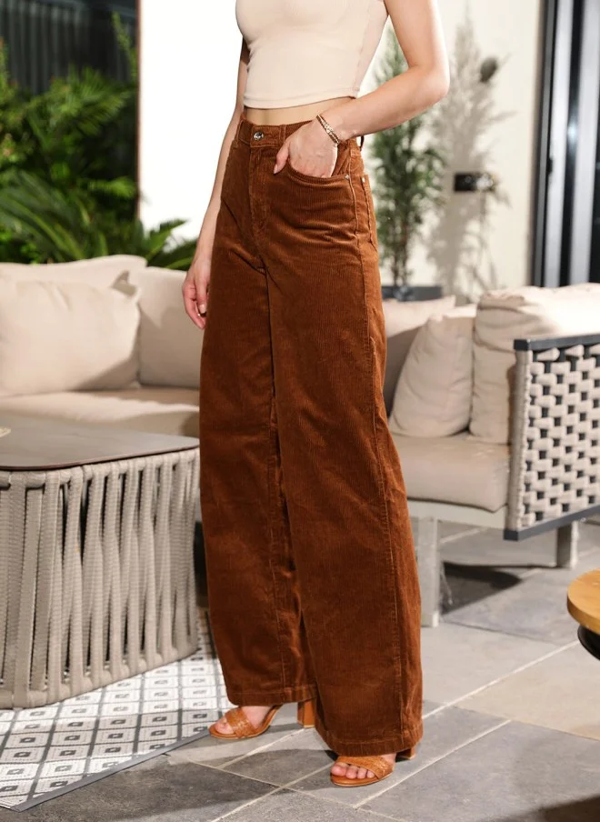 STREET 9 بنطلون نسائي واسع بخصر مرتفع لون بني