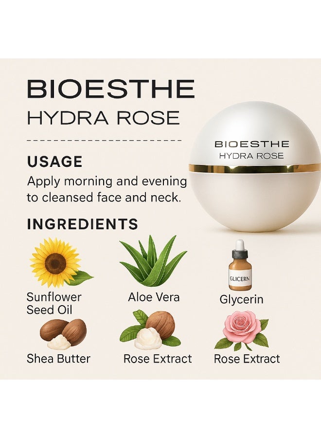 Bioesthe Hydra Rose Soothing Face Cream for Sensitive Skin – Anti-Redness Couperose Moisturizer with Aloe Vera, Shea Butter & Rose Extract 50ML - Image 3