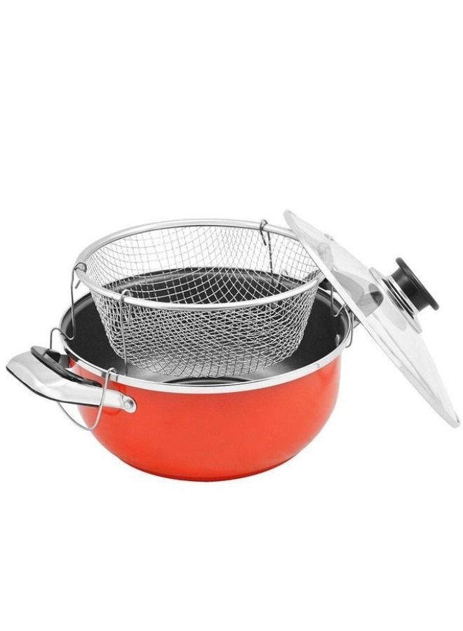 مقلاة منزلية من الفولاذ المقاوم للصدأ مقاس 28 سم غير لاصقة مع سلة - Image 2