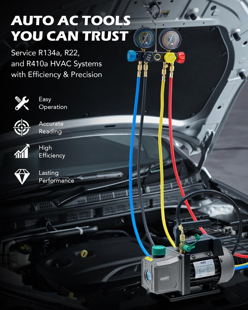 Orion Motor Tech مجموعة مضخة فراغ ومقياس أورايون موتور تك، 1/3 حصان 4.5 قدم مكعب في الدقيقة، مجموعة مقياس مضخة فراغ مع كاشف تسرب و4 خراطيم وإكسسوارات لـ R134a R22 R410a، مجموعة مضخة فراغ للتكييف في أنظمة السيارات - Image 2