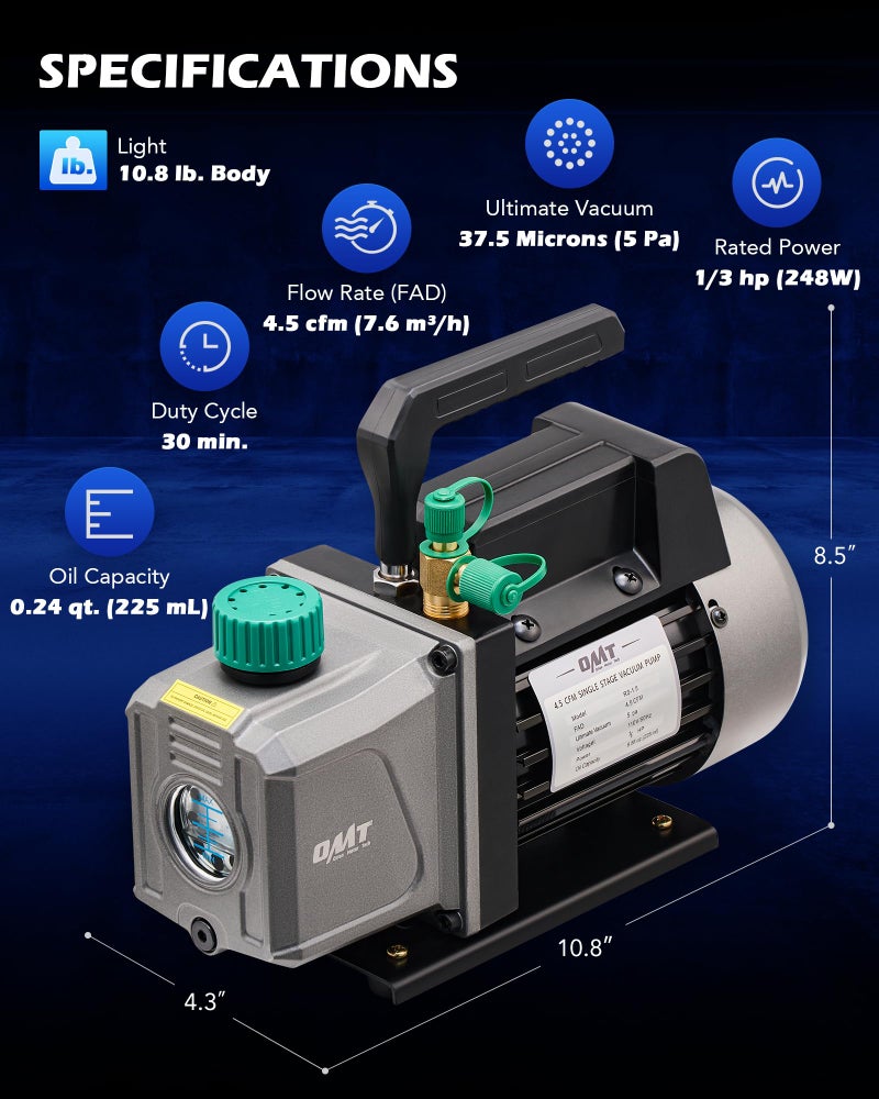 Orion Motor Tech مجموعة مضخة فراغ ومقياس أورايون موتور تك، 1/3 حصان 4.5 قدم مكعب في الدقيقة، مجموعة مقياس مضخة فراغ مع كاشف تسرب و4 خراطيم وإكسسوارات لـ R134a R22 R410a، مجموعة مضخة فراغ للتكييف في أنظمة السيارات - Image 4