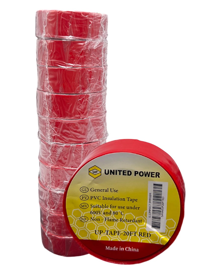 UNITED POWER PVC Electrical Tape - Insulating & Waterproof (10-Pack, Red) - 18mm x 20m - High-Quality Adhesive for Electrical Wiring, Repairs & DIY Projects  - Image 1
