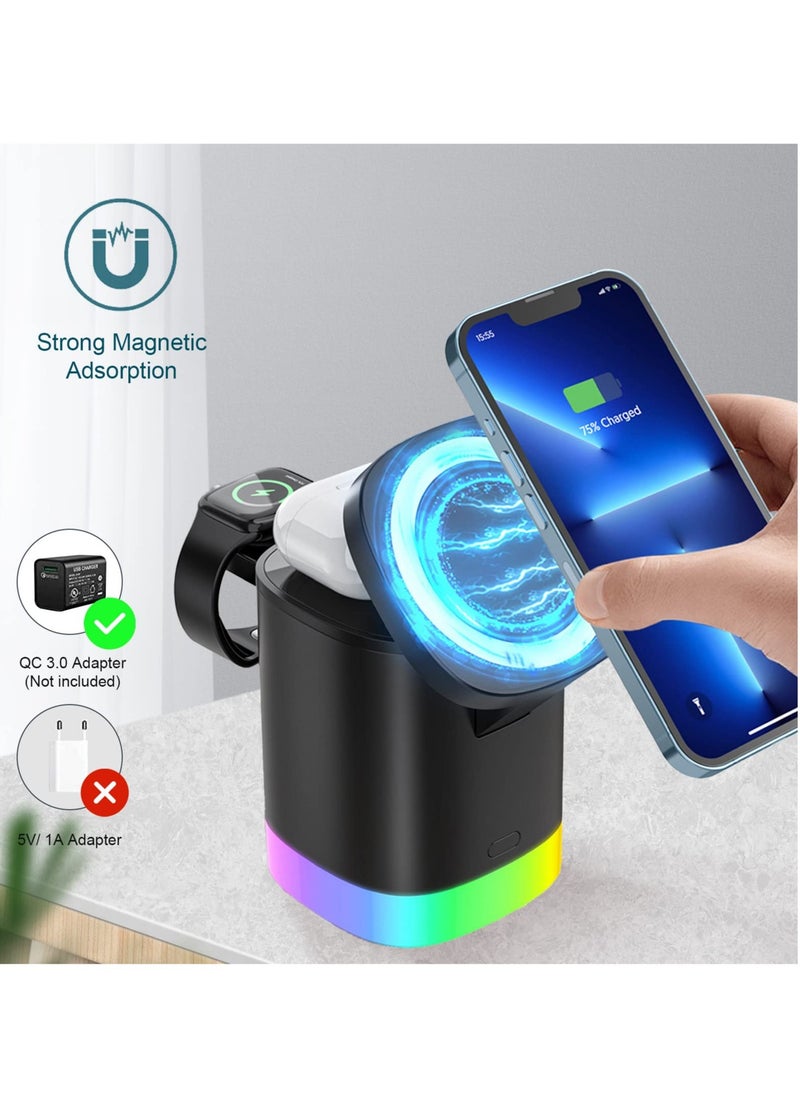 SYOSI - Magnetic Wireless Charger 4 in 1-15W Wireless Charging Station for Multiple Devices,Mag-Safe Charger Stand for iPhone 12 13 Pro/Max/Mini, AirPods, Apple Watch, Wireless Charging with RGB Night Light - Image 1