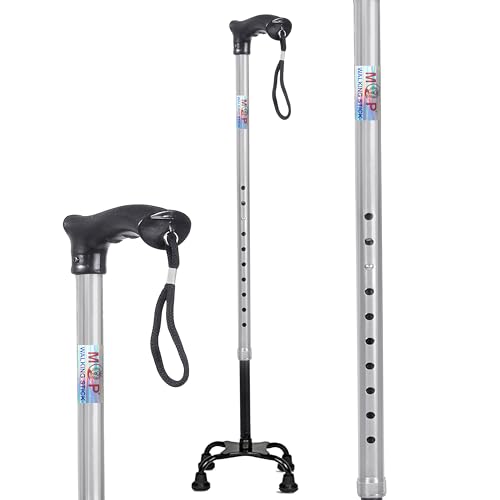 MCP Quadripod Height Adjustable Aluminium Four Legged Walking Stick for Men, Women, Old People Senior Citizens Patients Support, Trekking 4 Leg Cane Stick (Silver) - Image 1