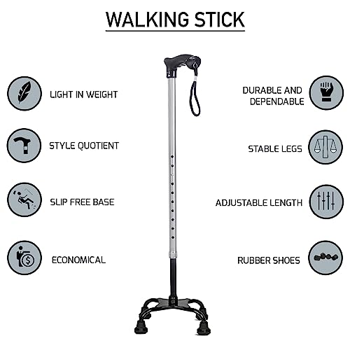 MCP Quadripod Height Adjustable Aluminium Four Legged Walking Stick for Men, Women, Old People Senior Citizens Patients Support, Trekking 4 Leg Cane Stick (Silver) - Image 4