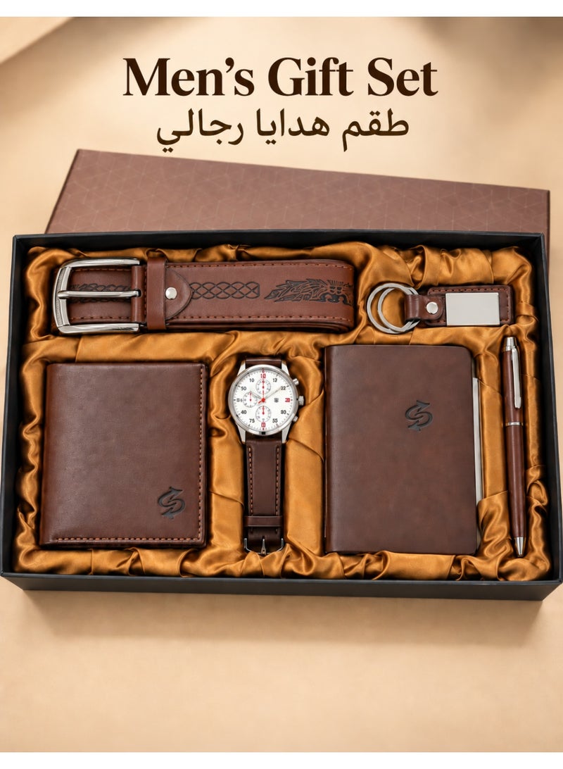 جيسو طقم هدايا رجالي مع ساعة كوارتز ومحفظة وحزام ودفتر ملاحظات وقلم وميدالية مفاتيح – إكسسوارات PU بنية كلاسيكية للرجال - Image 1