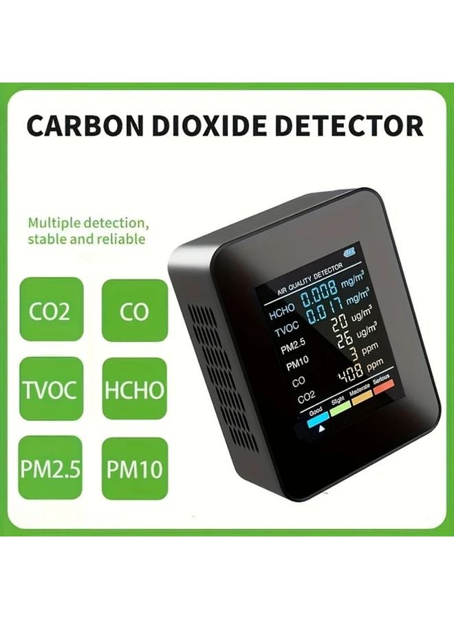 6 In 1 Air Quality Monitor Battery Powered Black Measures CO2 CO PM2 5 PM10 HCHO TVOC - Image 3