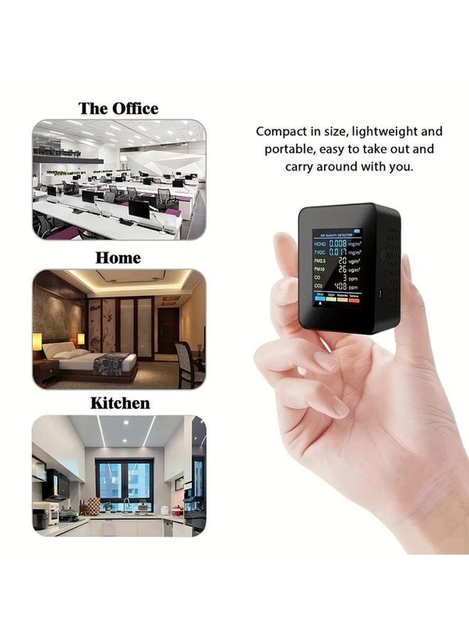 6 In 1 Air Quality Monitor Battery Powered Black Measures CO2 CO PM2 5 PM10 HCHO TVOC - Image 4