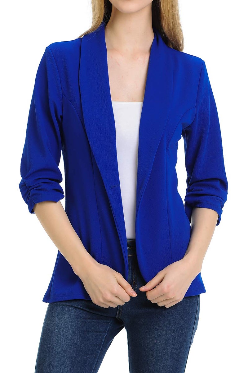 MINEFREE Women's 3/4 Ruched Sleeve Lightweight Work Office Blazer Jacket RoyalBlue S - Image 5
