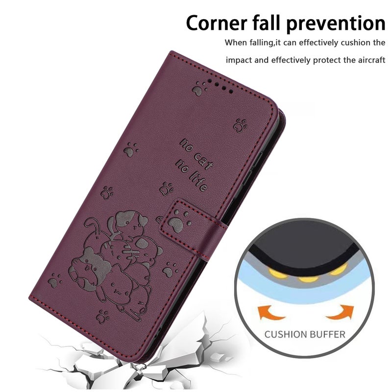HuHa Protective Cover For Tecno Spark Go 2024 4G Embossed Kitten Phone Leather Case with Lanyard(Wine Red) - Image 4