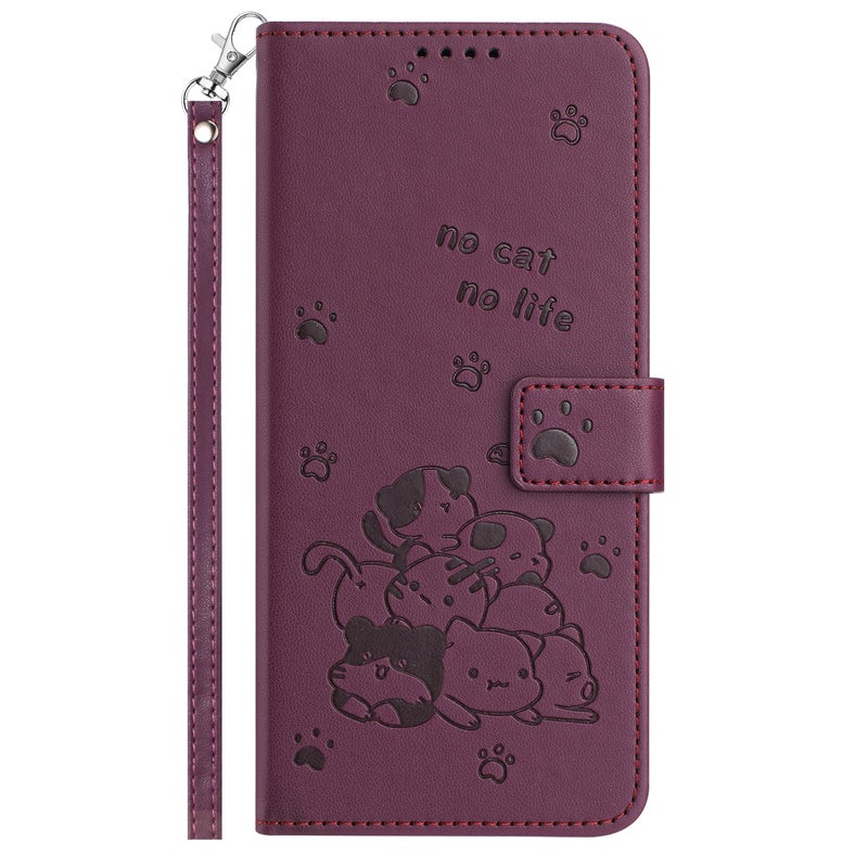 HuHa Protective Cover For Tecno Spark Go 2024 4G Embossed Kitten Phone Leather Case with Lanyard(Wine Red) - Image 2
