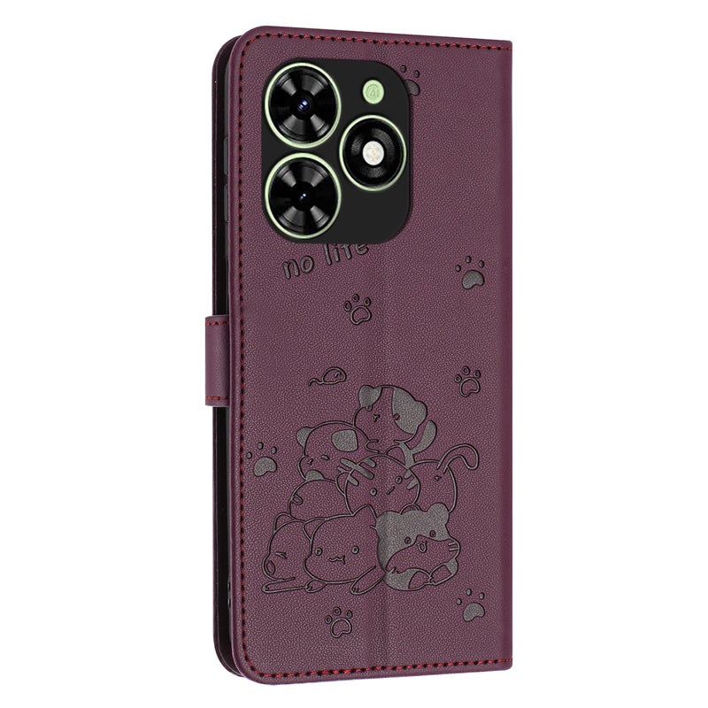 HuHa Protective Cover For Tecno Spark Go 2024 4G Embossed Kitten Phone Leather Case with Lanyard(Wine Red) - Image 3