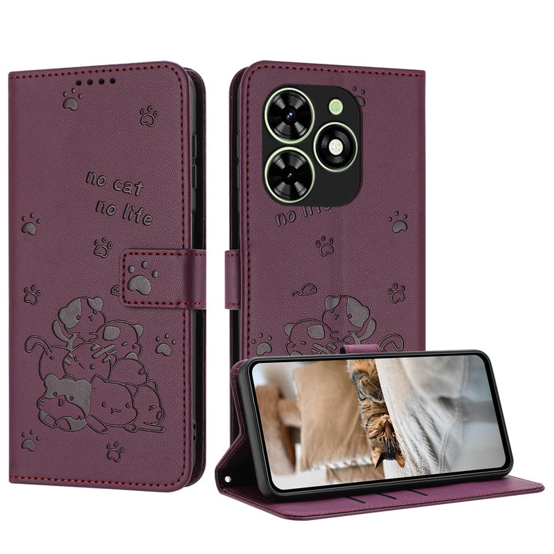 HuHa Protective Cover For Tecno Spark Go 2024 4G Embossed Kitten Phone Leather Case with Lanyard(Wine Red) - Image 1