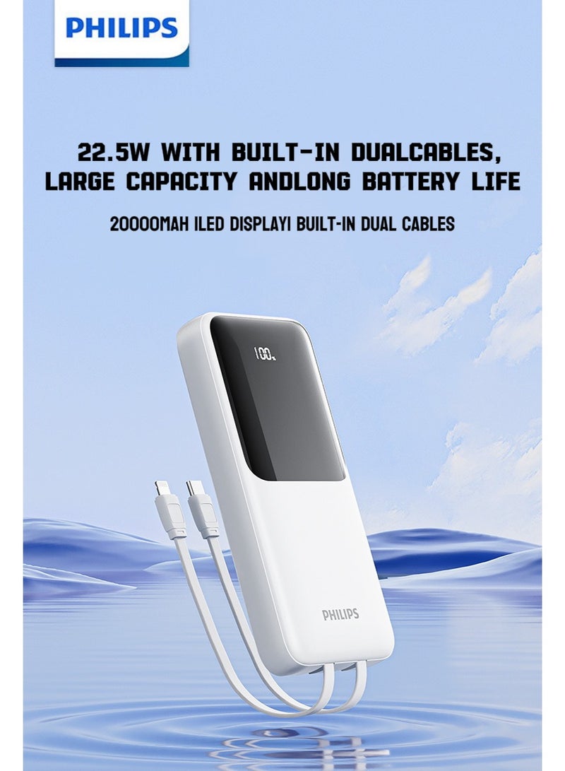Philips 22.5W Fast Charging Power Bank 20000mAh with Built-in Dual Cables, LED Digital Display, Portable Mobile Charger (Black/White) WHITE - Image 1