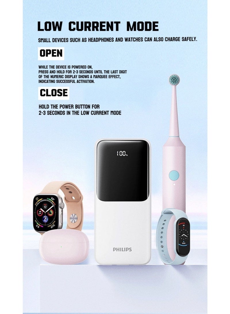 Philips 22.5W Fast Charging Power Bank 20000mAh with Built-in Dual Cables, LED Digital Display, Portable Mobile Charger (Black/White) WHITE - Image 4