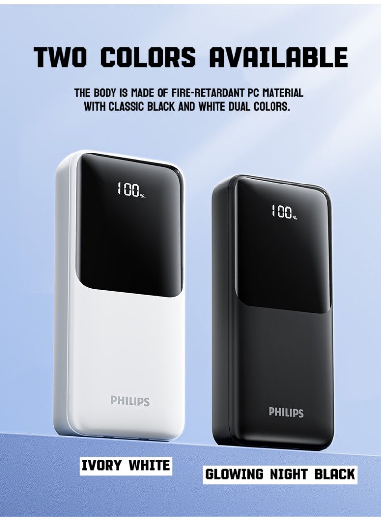 Philips 22.5W Fast Charging Power Bank 20000mAh with Built-in Dual Cables, LED Digital Display, Portable Mobile Charger (Black/White) WHITE - Image 2