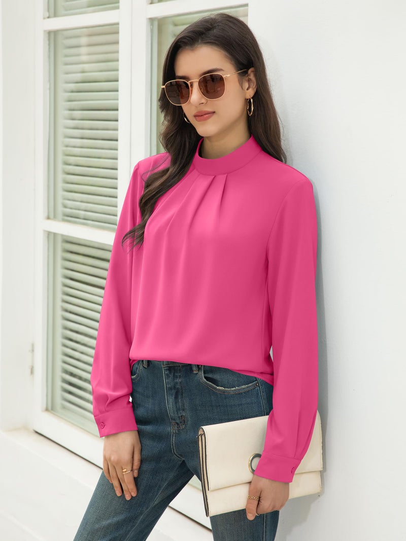 Funlingo Womens Fall Tunic Tops Long Sleeve Business Casual Chiffon Dressy Blouses 2025 Ladies Hot Pink Pleated Flowy Work Shirts Rose Red M - Image 4