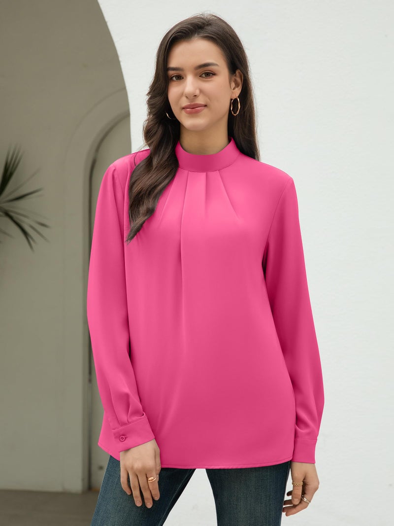 Funlingo Womens Fall Tunic Tops Long Sleeve Business Casual Chiffon Dressy Blouses 2025 Ladies Hot Pink Pleated Flowy Work Shirts Rose Red M - Image 2