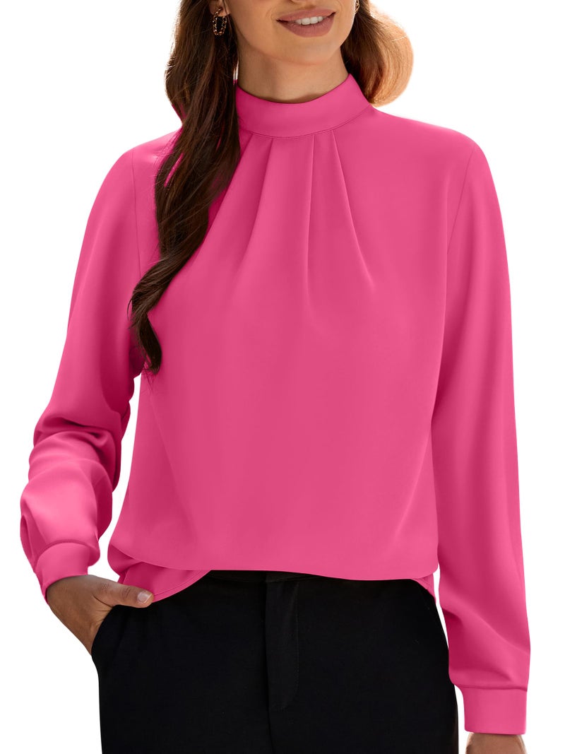 Funlingo Womens Fall Tunic Tops Long Sleeve Business Casual Chiffon Dressy Blouses 2025 Ladies Hot Pink Pleated Flowy Work Shirts Rose Red M - Image 1