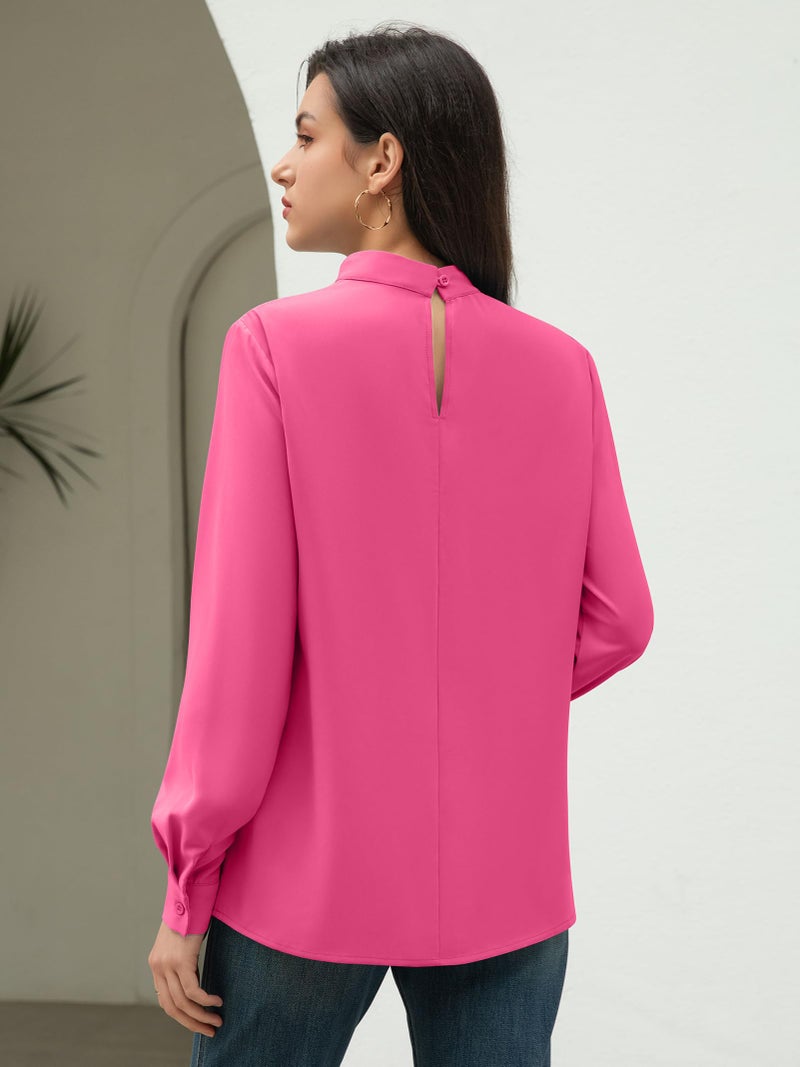 Funlingo Womens Fall Tunic Tops Long Sleeve Business Casual Chiffon Dressy Blouses 2025 Ladies Hot Pink Pleated Flowy Work Shirts Rose Red M - Image 5