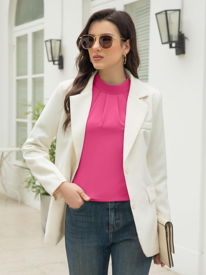 Funlingo Womens Fall Tunic Tops Long Sleeve Business Casual Chiffon Dressy Blouses 2025 Ladies Hot Pink Pleated Flowy Work Shirts Rose Red M - Image 3