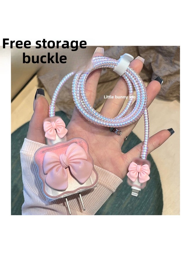 Bow Apple 14 Charger Protective Cover IPhone13 Applicable IPad Data Cable 20W Fast Charging Head 15Pro-Color:Pink Wave Bow ]-Applicable Model:iPhone18W/20W  - Image 1