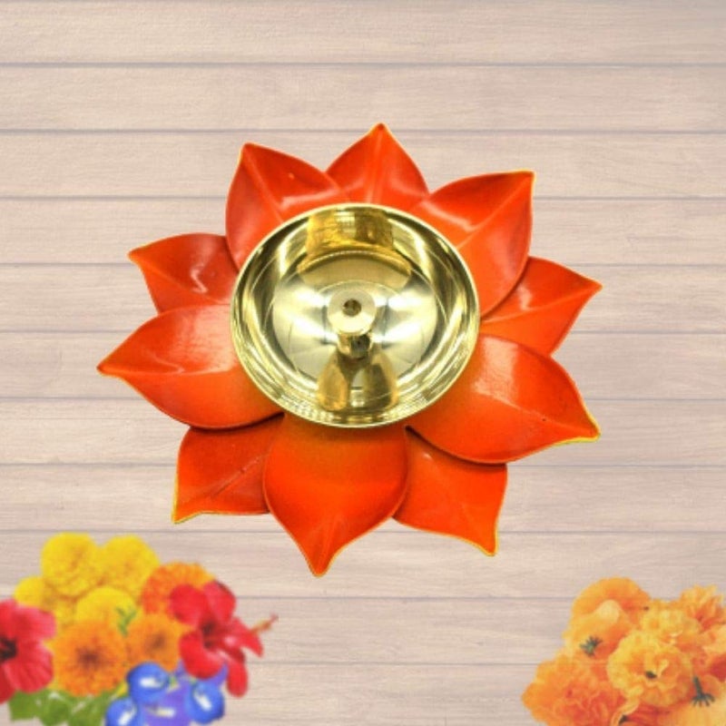 Dalvkot Dalvkot Orange Color Kamal Patta Lotus Design Brass Diyas Oil Lamps for Pooja Rooms and Diwali Festivals 2  - Image 2