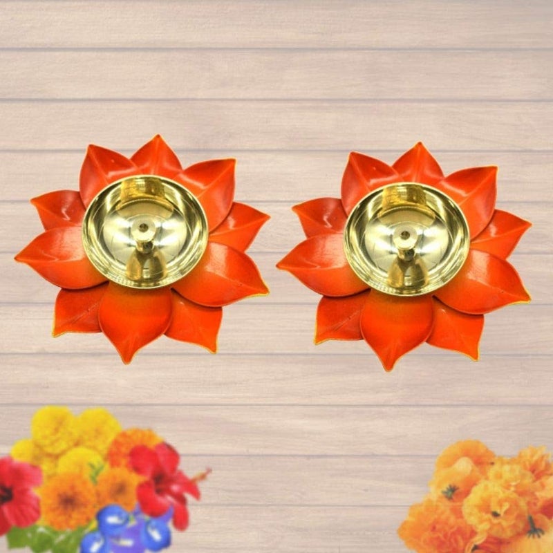Dalvkot Dalvkot Orange Color Kamal Patta Lotus Design Brass Diyas Oil Lamps for Pooja Rooms and Diwali Festivals 2  - Image 1
