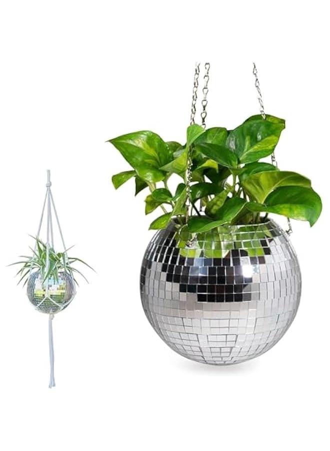 HOOKOR Disco Ball Planter – Disco Ball Plant Hanger, Mirror Disco Glitter Planter with Chain and Macrame Rope, Boho Hanging Planter | Disco Ball Decor (Silver)  - Image 1