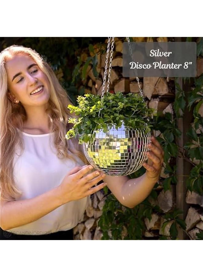 HOOKOR Disco Ball Planter – Disco Ball Plant Hanger, Mirror Disco Glitter Planter with Chain and Macrame Rope, Boho Hanging Planter | Disco Ball Decor (Silver)  - Image 2