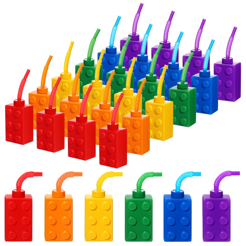 Sawysine 24 Set Building Blocks Cups 10 oz Blocks Reusable Party Favors Cup Plastic Colored Brick Drinking with Lids and Straws for Birthday Party Supplies Favors Decorations