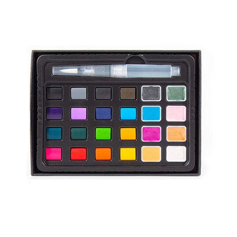 Watercolor Paint Set 24 Colors Professional Art Supplies Including 8 Pearlescent and 16 Fluorescent Colors with Watercolor Brush Pen  for Artists Beginners Students Adults Drawing Painting - Image 1