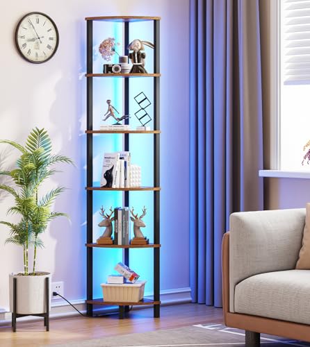 VIMBER 6-Tier Corner Shelf with LED Light, Industrial Corner Ladder Shelf, Rustic Display Shelf for Living Room, Bedroom, Kitchen, Home Office, Sturdy Frame, Rustic Brown and Black UJSJ002F - Image 3