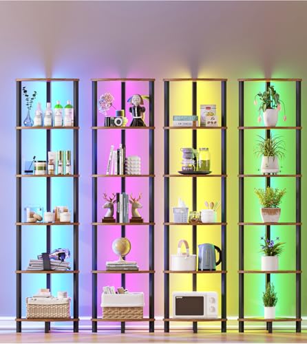 VIMBER 6-Tier Corner Shelf with LED Light, Industrial Corner Ladder Shelf, Rustic Display Shelf for Living Room, Bedroom, Kitchen, Home Office, Sturdy Frame, Rustic Brown and Black UJSJ002F - Image 2