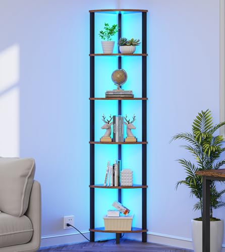 VIMBER 6-Tier Corner Shelf with LED Light, Industrial Corner Ladder Shelf, Rustic Display Shelf for Living Room, Bedroom, Kitchen, Home Office, Sturdy Frame, Rustic Brown and Black UJSJ002F - Image 1