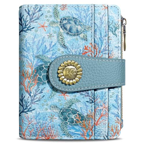 Kelvoris Sea Turtle Small Rfid Women Wallet Bifold Zipper Coin Pocket PU Leather Compact Cash Credit Card Holder Travel Wallet for Female Ladies Teen Girls 1 ID Window 10 Card Slots - Image 1