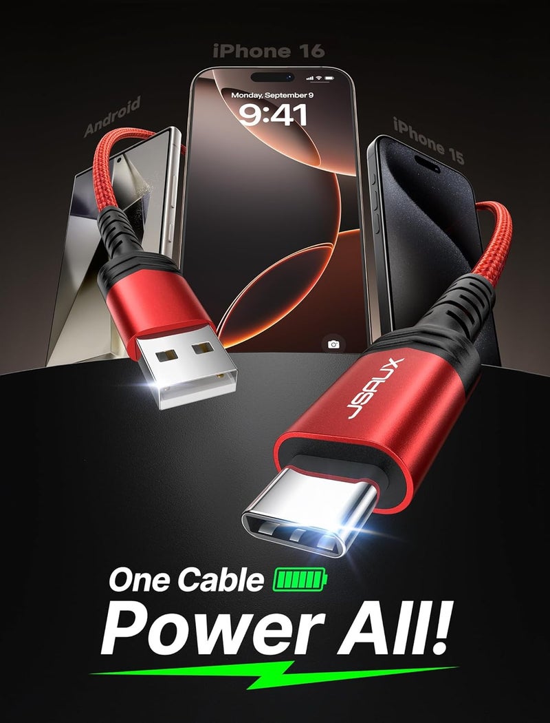 jsaux USB C Cable [2-Pack 1M], USB A to USB Cord 3.1A Fast Charging Compatible with iPhone 17 Pro Max/17 Pro/17 Air, iPhone 16/16 Plus/16/15 Pro, Samsung Galaxy S20 S10 S9, Note 20 10, Car Play- Red - Image 3