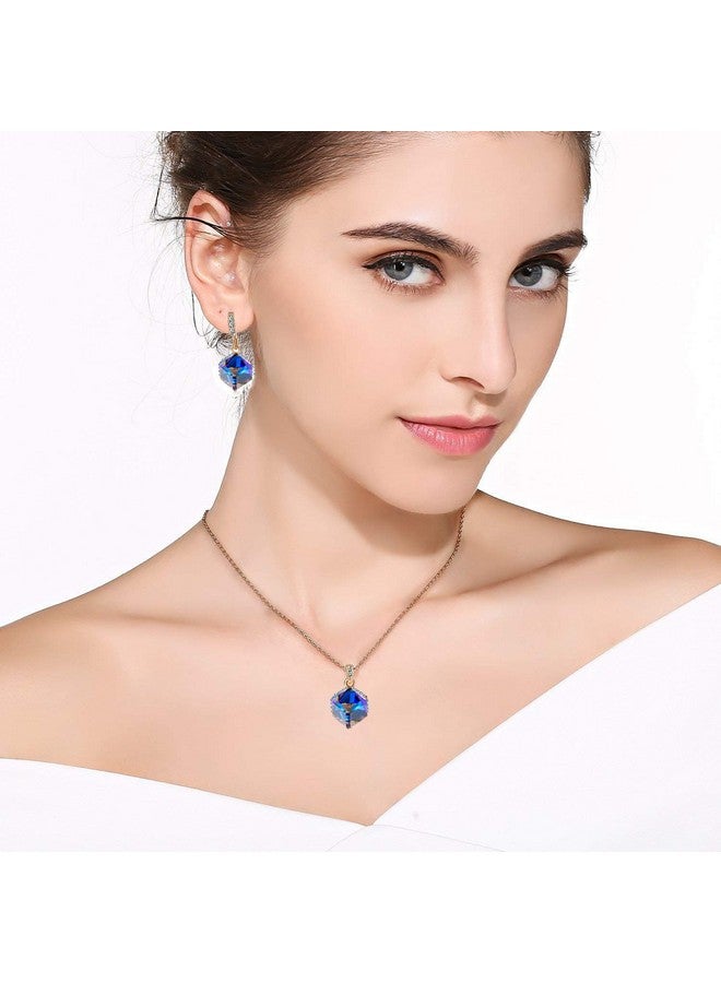 EVEVIC Colorful Cubic Austrian Crystal Pendant Necklace Earrings For Women 14K Gold Plated Hypoallergenic Jewelry Set (Blue Crystal/Rose Gold-Tone) - Image 2