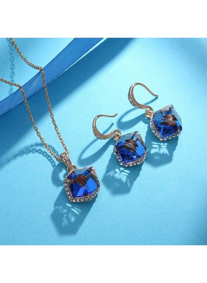 EVEVIC Colorful Cubic Austrian Crystal Pendant Necklace Earrings For Women 14K Gold Plated Hypoallergenic Jewelry Set (Blue Crystal/Rose Gold-Tone) - Image 4