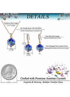 EVEVIC Colorful Cubic Austrian Crystal Pendant Necklace Earrings For Women 14K Gold Plated Hypoallergenic Jewelry Set (Blue Crystal/Rose Gold-Tone)  - Image 3