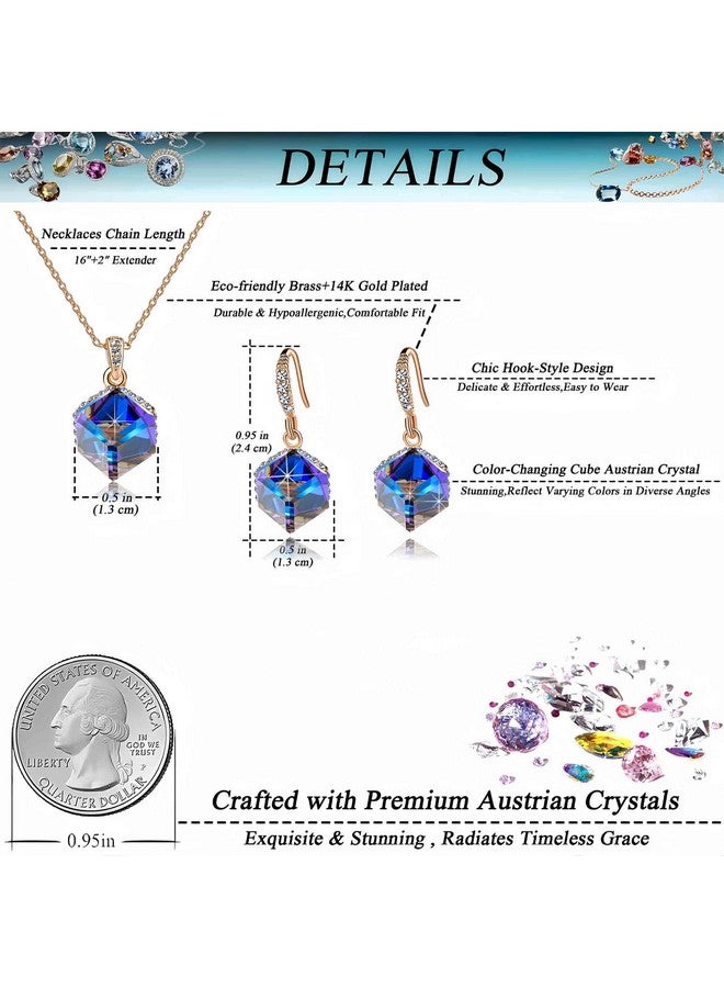 EVEVIC Colorful Cubic Austrian Crystal Pendant Necklace Earrings For Women 14K Gold Plated Hypoallergenic Jewelry Set (Blue Crystal/Rose Gold-Tone) - Image 3