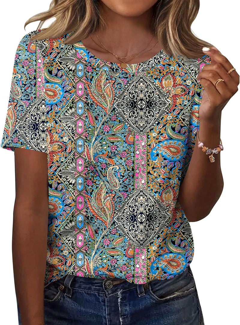 TCOT Womens Tops Comfy Short Sleeve Crewneck Regular Fit Dressy Casual Blouses Shirts for Women Paisley Pattern XL - Image 1