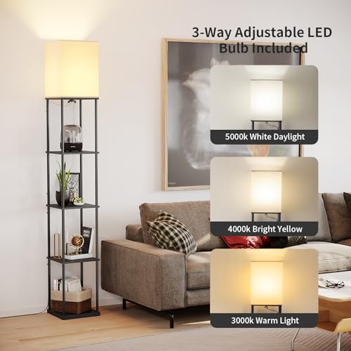 SUNMORY 5 Tier Floor Lamp with Shelves, Modern Square Standing Lamp with 3 Color Temperature Bulb, Corner Display Bookshelf Lamp for Living Room and Bedroom, Tall Shelf Floor Lamp - Image 2