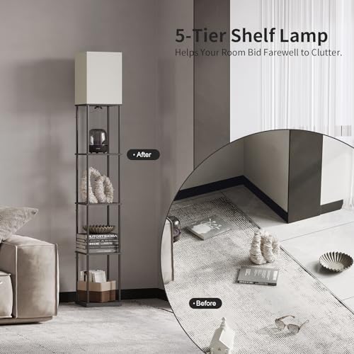 SUNMORY 5 Tier Floor Lamp with Shelves, Modern Square Standing Lamp with 3 Color Temperature Bulb, Corner Display Bookshelf Lamp for Living Room and Bedroom, Tall Shelf Floor Lamp - Image 4