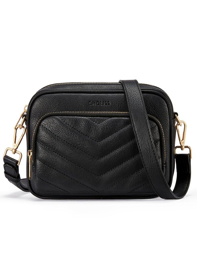 CHOLISS Quilted Crossbody Bags for Women RFID Vegan Leather Travel Purse Small Shoulder Handbags with Built in Wallet, Black - Image 1