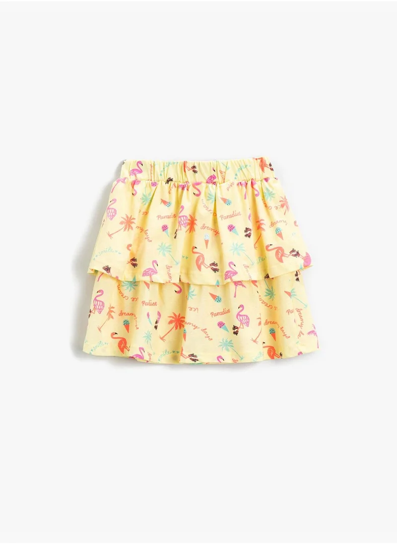 KOTON Summer Themed Flamingo and Ice Cream Printed Ruffle Short Skirt Cotton